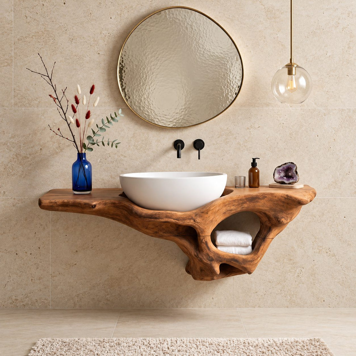 Root Pocket Floating Bathroom Vanity 20-60 Inch, Sculpted Solid Wood Wall Unit with Round Towel Nook