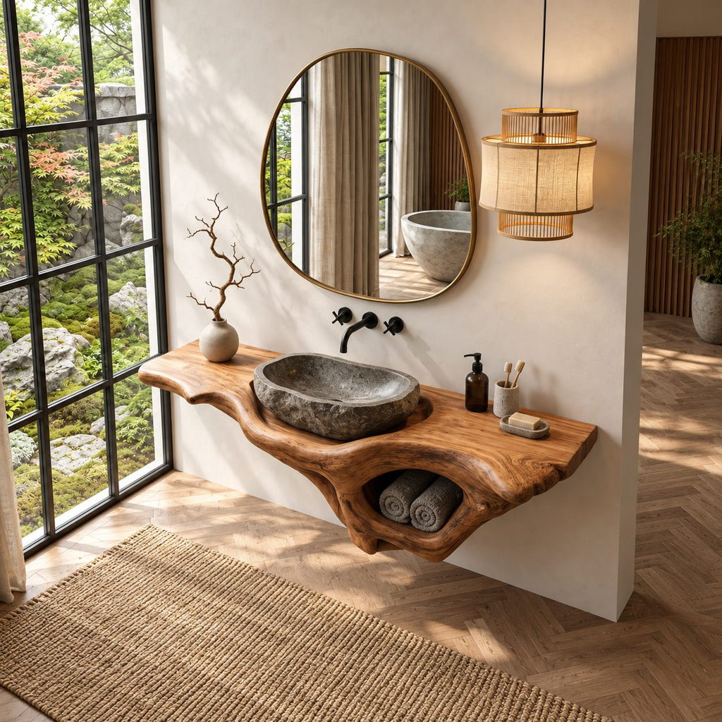 Root Pocket Floating Bathroom Vanity 20-60 Inch, Sculpted Solid Wood Wall Unit with Round Towel Nook