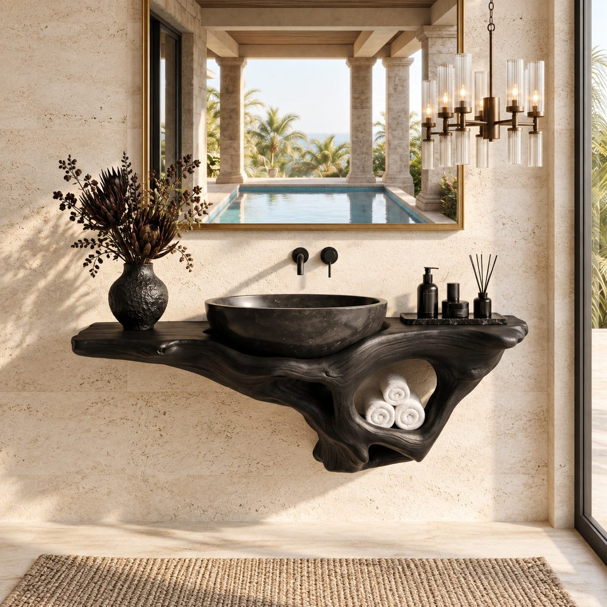 Root Pocket Floating Bathroom Vanity 20-60 Inch, Sculpted Solid Wood Wall Unit with Round Towel Nook