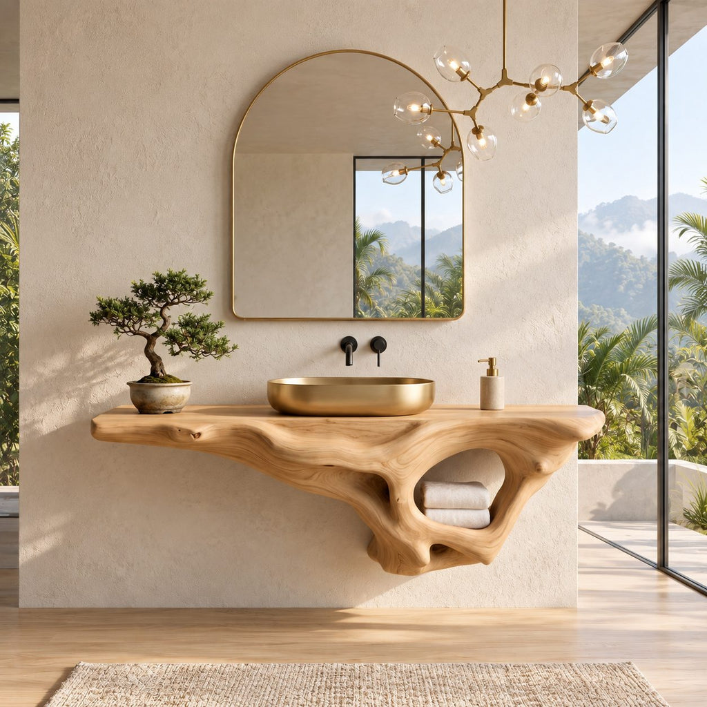 Root Pocket Floating Bathroom Vanity 20-60 Inch, Sculpted Solid Wood Wall Unit with Round Towel Nook
