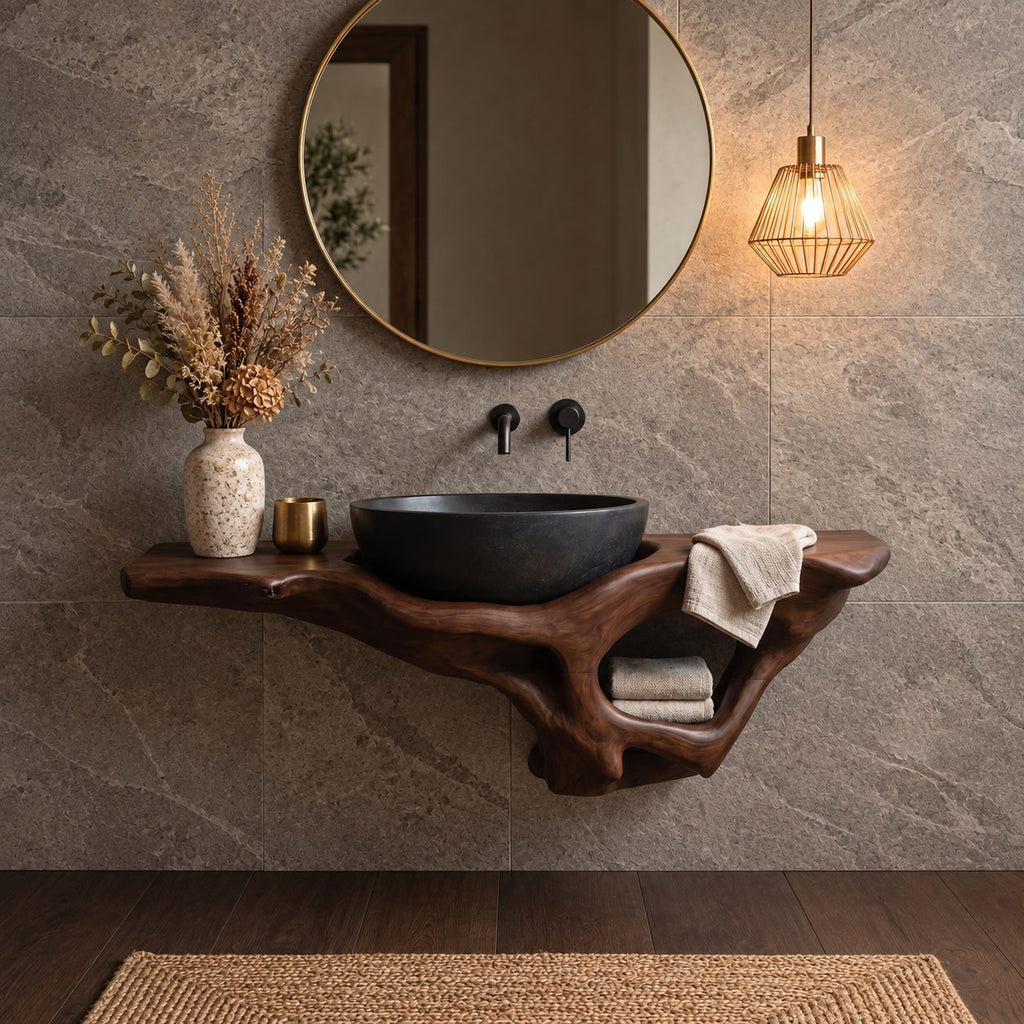Root Pocket Floating Bathroom Vanity 20-60 Inch, Sculpted Solid Wood Wall Unit with Round Towel Nook