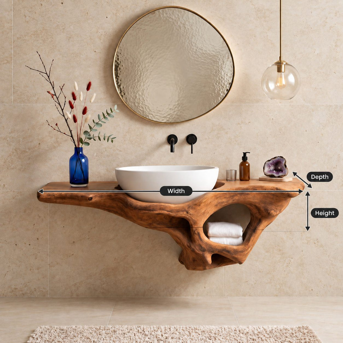 Root Pocket Floating Bathroom Vanity 20-60 Inch, Sculpted Solid Wood Wall Unit with Round Towel Nook