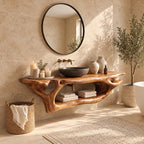 Branching Root Floating Bathroom Vanity 27-60 Inch, Openwork Solid Wood Wall Unit with Long Lower Shelf