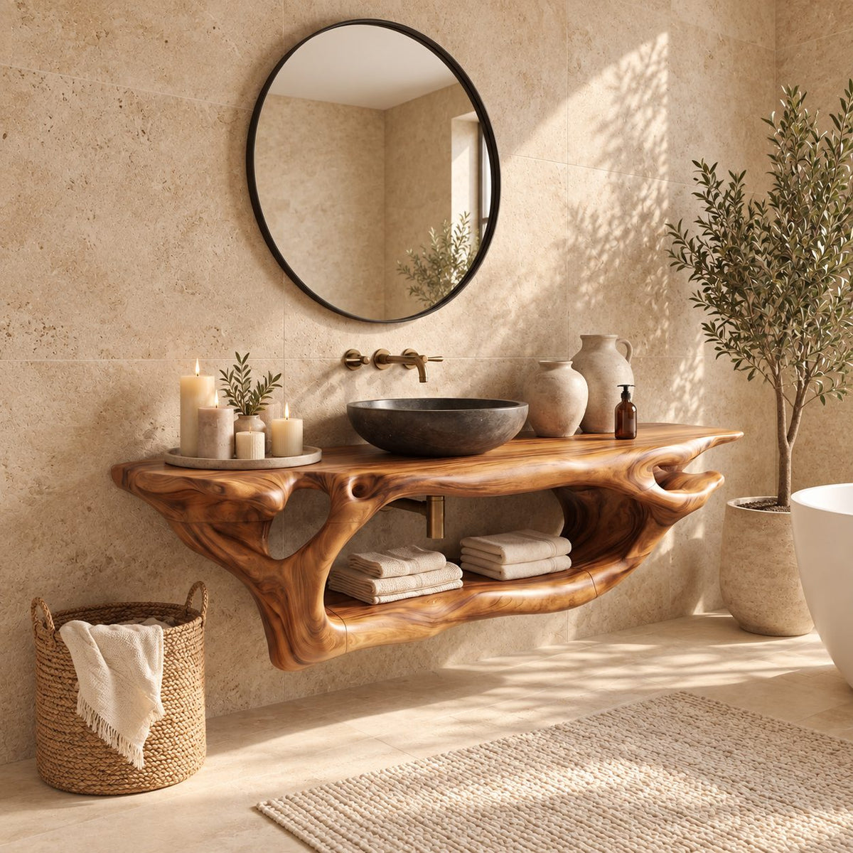 Branching Root Floating Bathroom Vanity 27-60 Inch, Openwork Solid Wood Wall Unit with Long Lower Shelf
