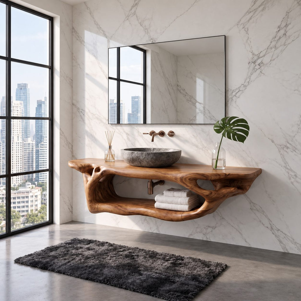 Branching Root Floating Bathroom Vanity 27-60 Inch, Openwork Solid Wood Wall Unit with Long Lower Shelf