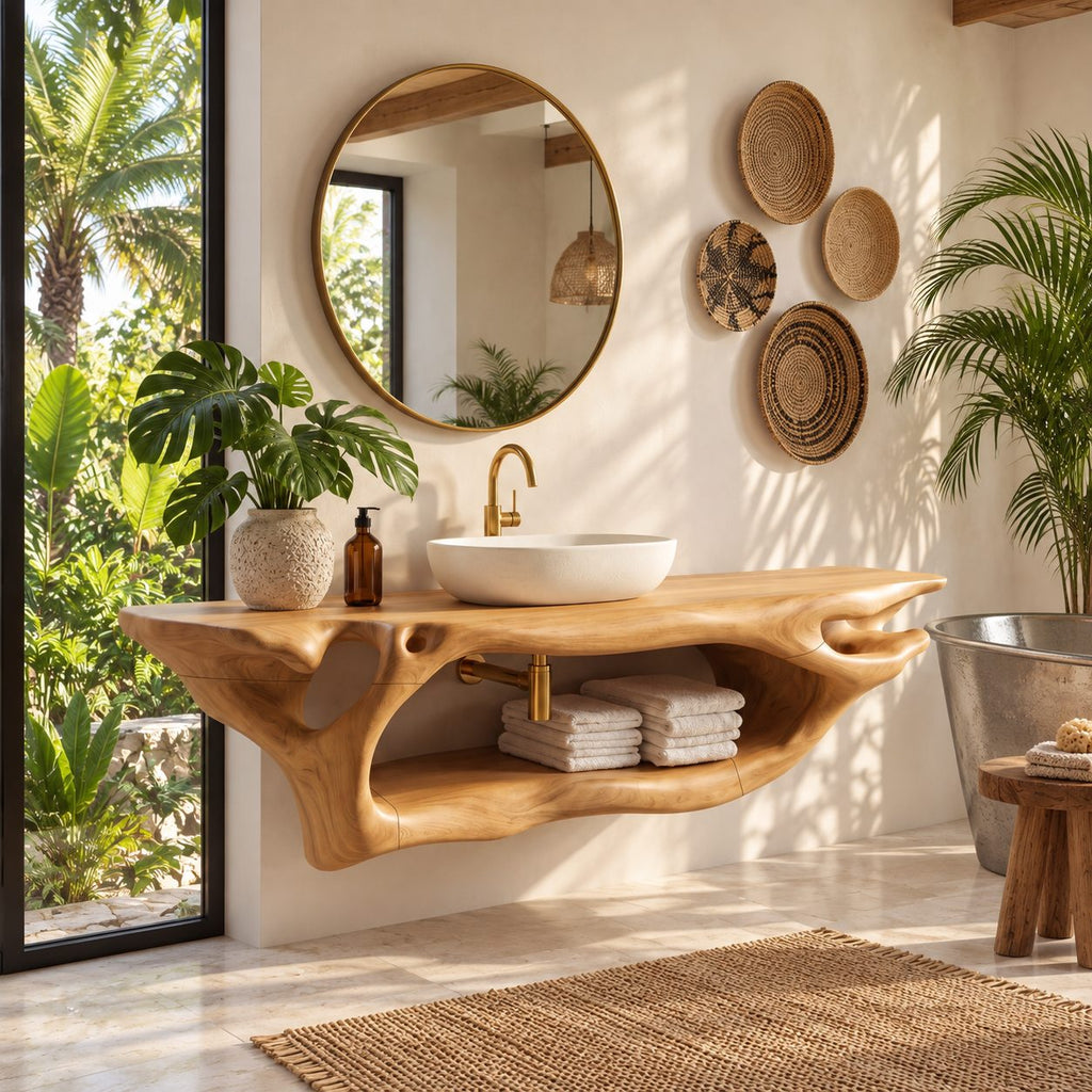 Branching Root Floating Bathroom Vanity 27-60 Inch, Openwork Solid Wood Wall Unit with Long Lower Shelf