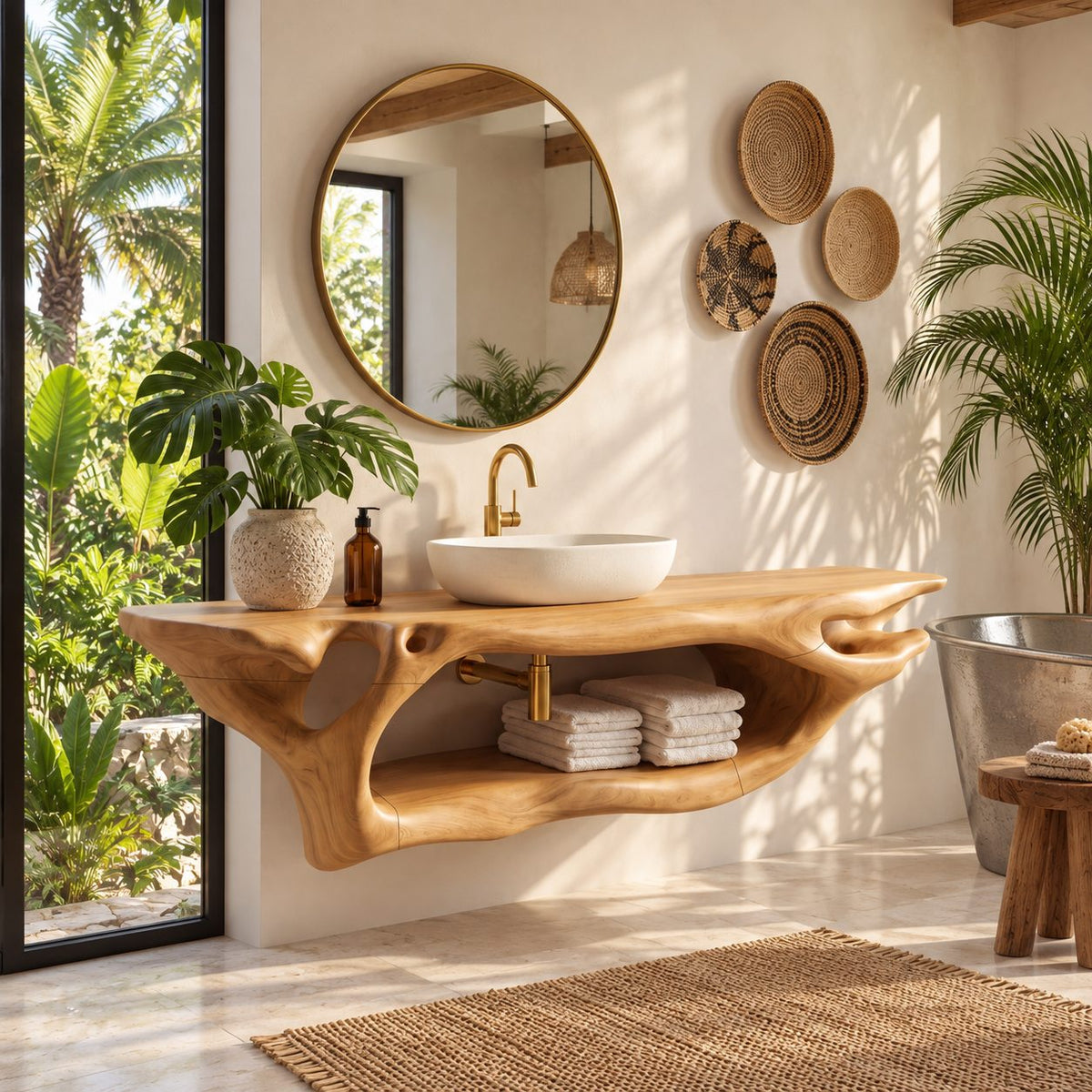Branching Root Floating Bathroom Vanity 27-60 Inch, Openwork Solid Wood Wall Unit with Long Lower Shelf