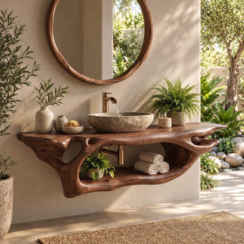 Branching Root Floating Bathroom Vanity 27-60 Inch, Openwork Solid Wood Wall Unit with Long Lower Shelf