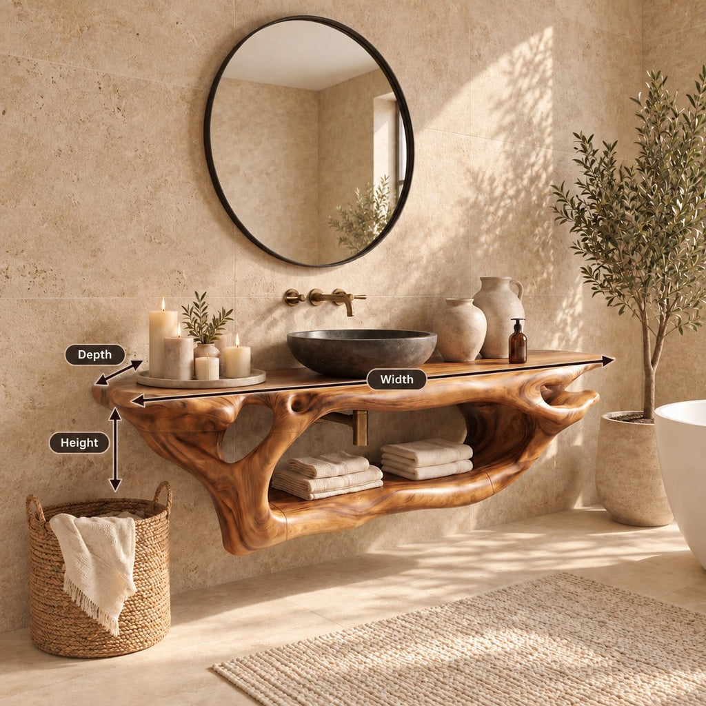 Branching Root Floating Bathroom Vanity 27-60 Inch, Openwork Solid Wood Wall Unit with Long Lower Shelf