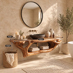 Branching Root Floating Bathroom Vanity 27-60 Inch, Openwork Solid Wood Wall Unit with Long Lower Shelf