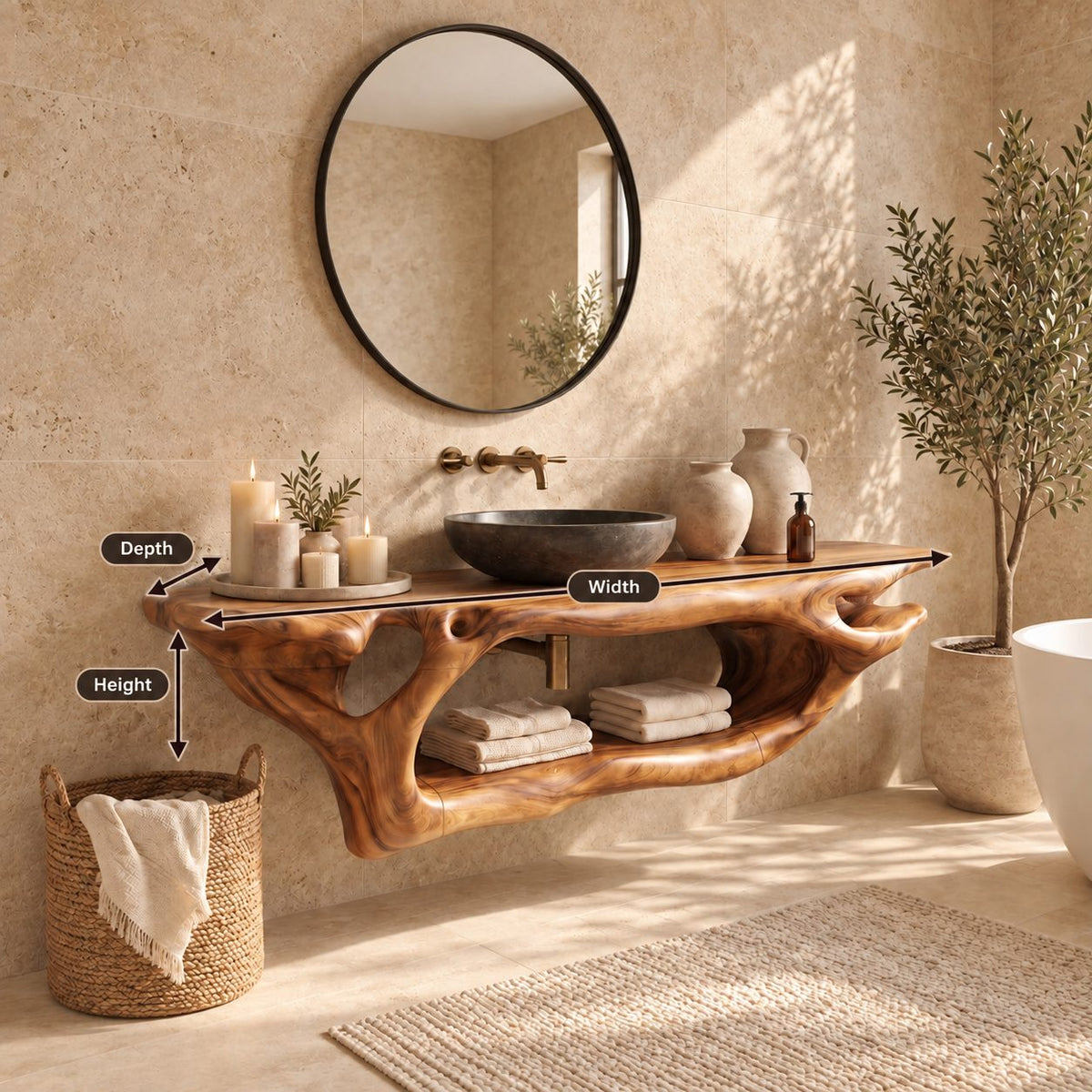 Branching Root Floating Bathroom Vanity 27-60 Inch, Openwork Solid Wood Wall Unit with Long Lower Shelf