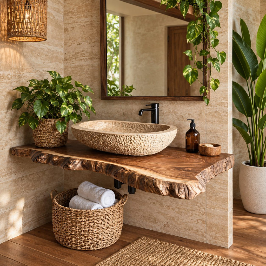 Rugged Knobby Edge Floating Bathroom Vanity Top 20-71 Inch, Solid Wood Wall-Mounted Live Edge Counter