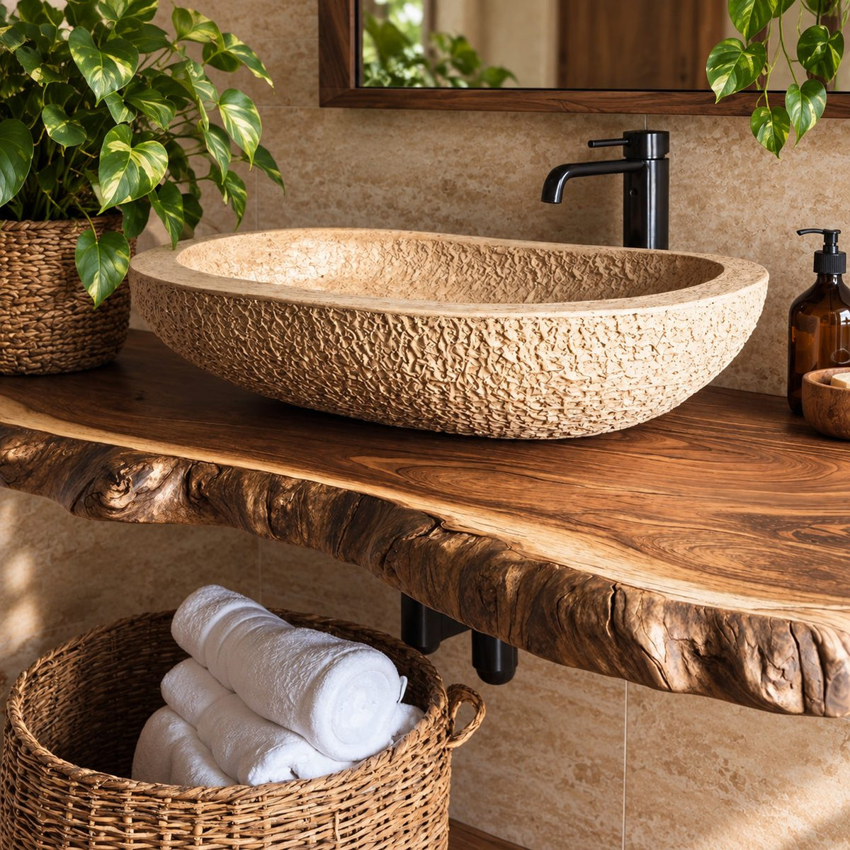 Rugged Knobby Edge Floating Bathroom Vanity Top 20-71 Inch, Solid Wood Wall-Mounted Live Edge Counter