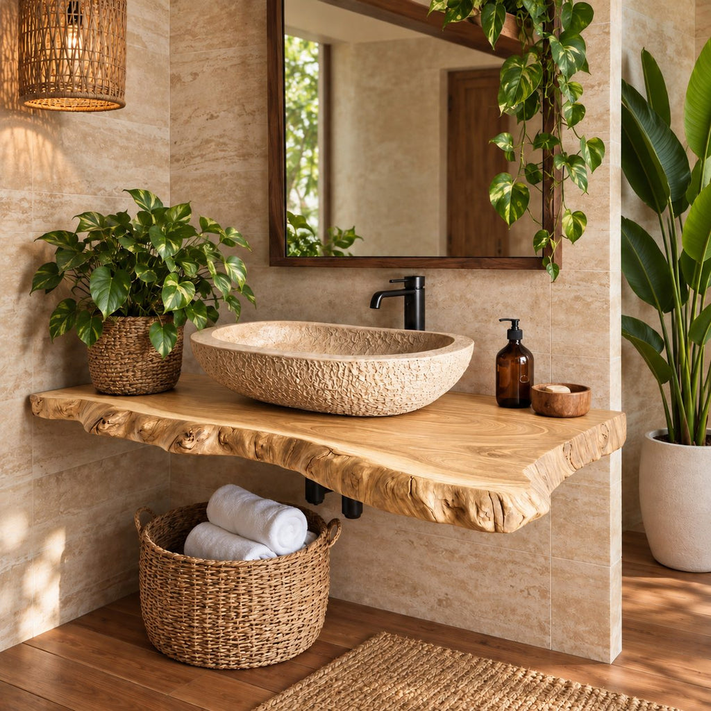 Rugged Knobby Edge Floating Bathroom Vanity Top 20-71 Inch, Solid Wood Wall-Mounted Live Edge Counter