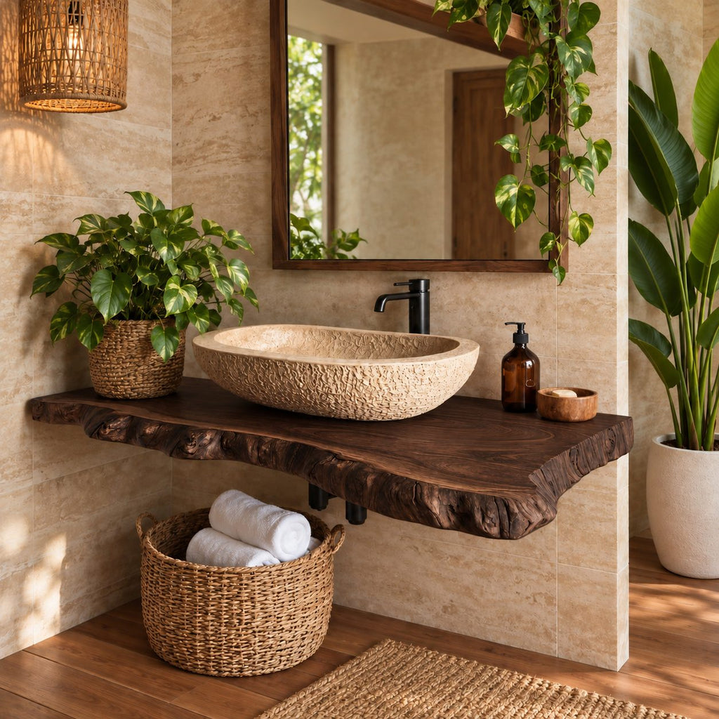 Rugged Knobby Edge Floating Bathroom Vanity Top 20-71 Inch, Solid Wood Wall-Mounted Live Edge Counter