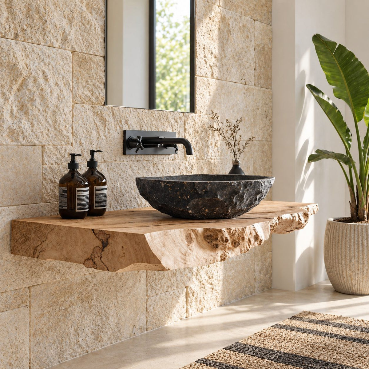 Thick Burl Front Floating Bathroom Vanity 20-71 Inch, Rough Live Edge Solid Wood Wall-Mounted Slab