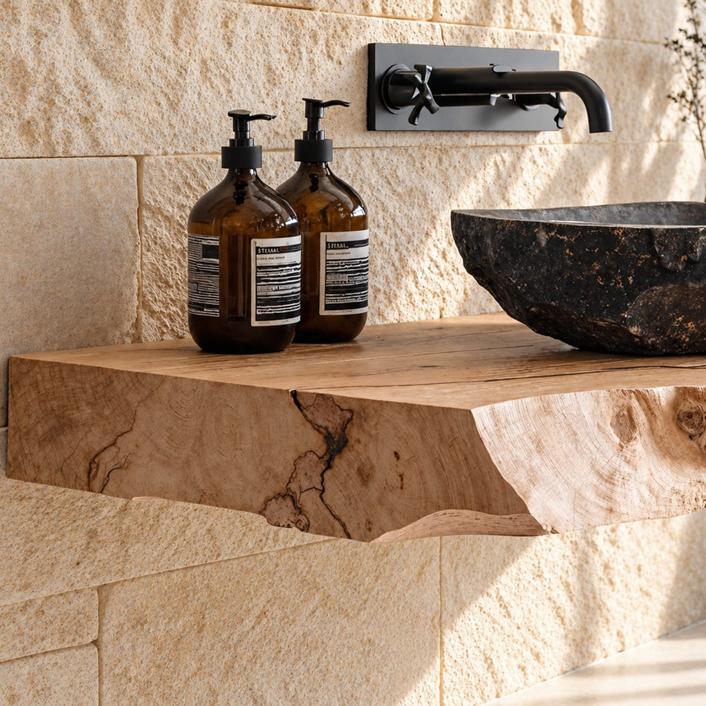 Thick Burl Front Floating Bathroom Vanity 20-71 Inch, Rough Live Edge Solid Wood Wall-Mounted Slab