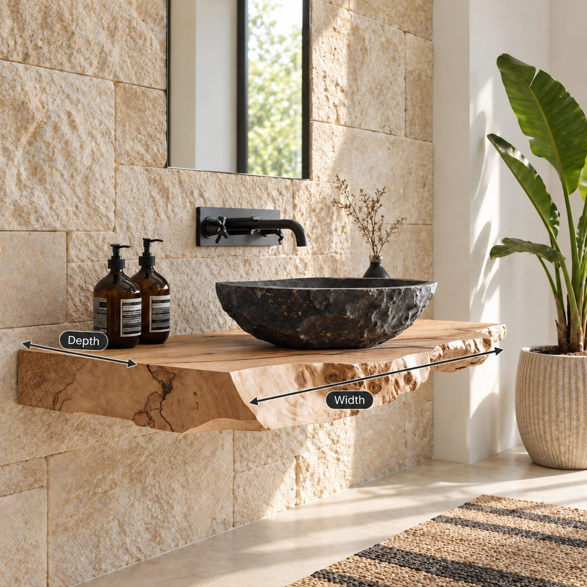 Thick Burl Front Floating Bathroom Vanity 20-71 Inch, Rough Live Edge Solid Wood Wall-Mounted Slab