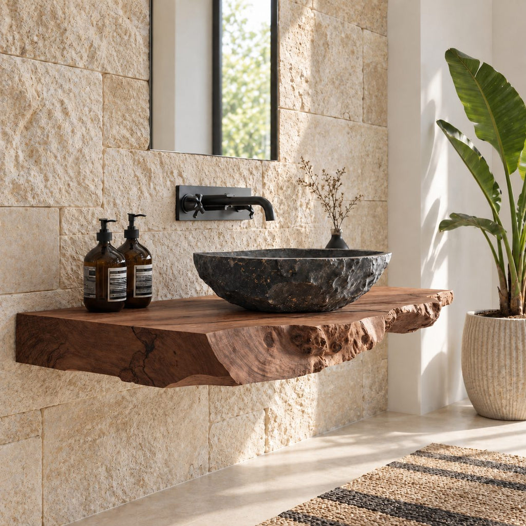 Thick Burl Front Floating Bathroom Vanity 20-71 Inch, Rough Live Edge Solid Wood Wall-Mounted Slab