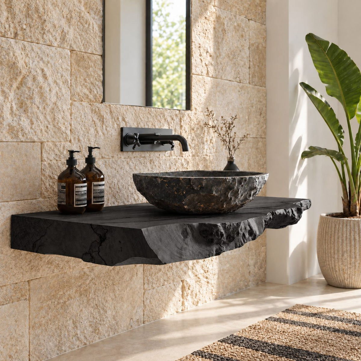 Thick Burl Front Floating Bathroom Vanity 20-71 Inch, Rough Live Edge Solid Wood Wall-Mounted Slab