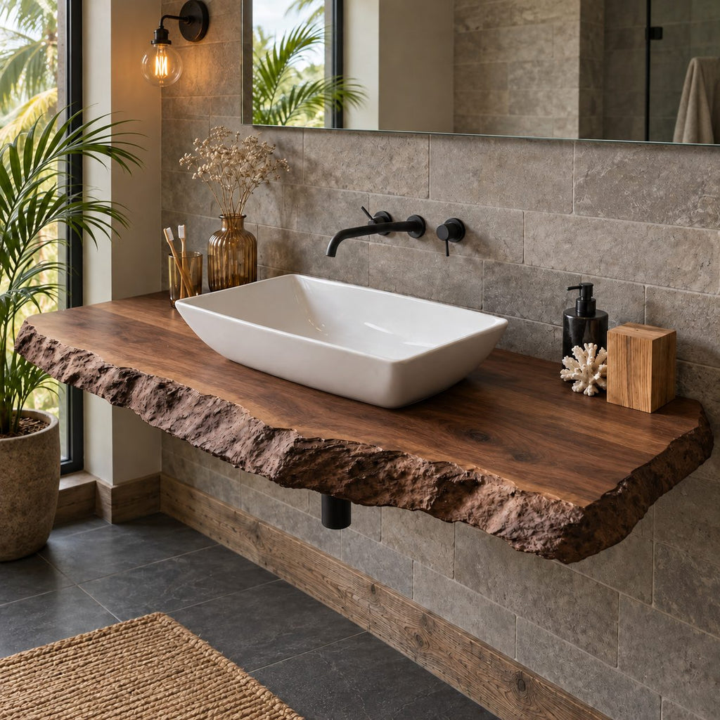 Chiseled Edge Floating Bathroom Vanity 20-71 Inch, Rough Hewn 3.5 Inch Solid Wood Wall-Mounted Top