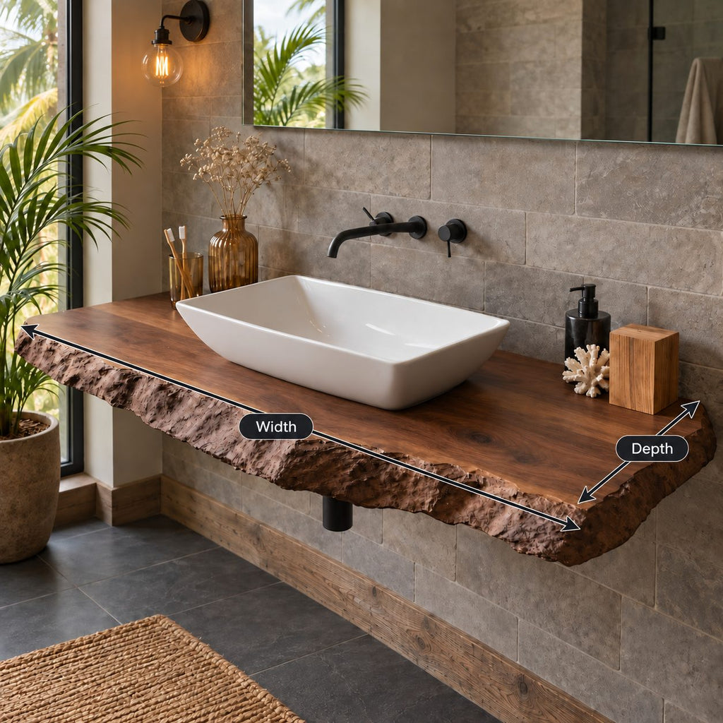 Chiseled Edge Floating Bathroom Vanity 20-71 Inch, Rough Hewn 3.5 Inch Solid Wood Wall-Mounted Top