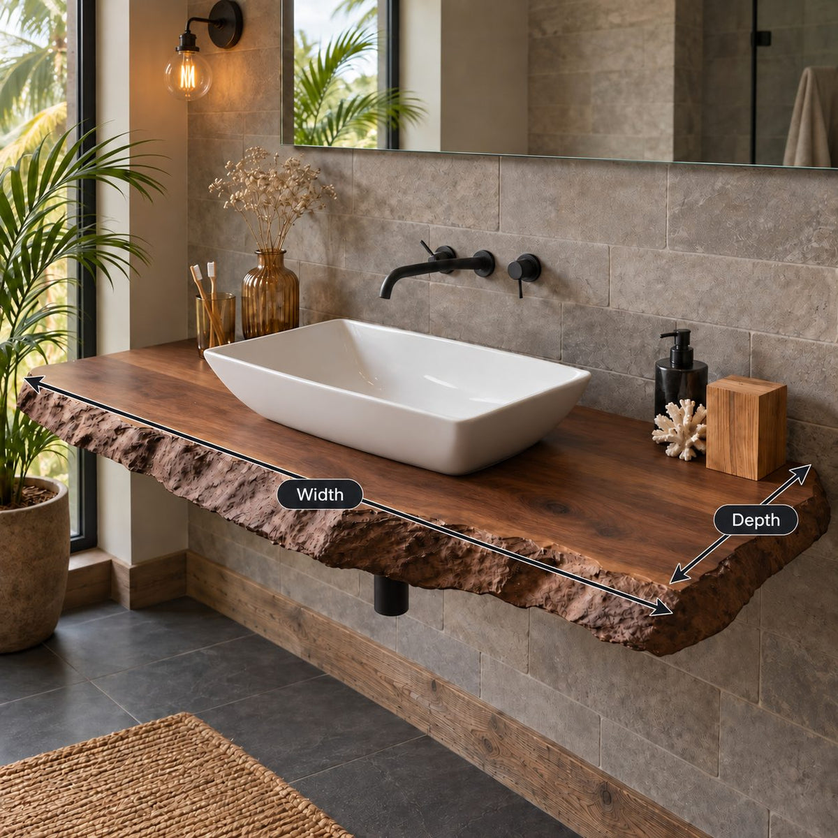 Chiseled Edge Floating Bathroom Vanity 20-71 Inch, Rough Hewn 3.5 Inch Solid Wood Wall-Mounted Top