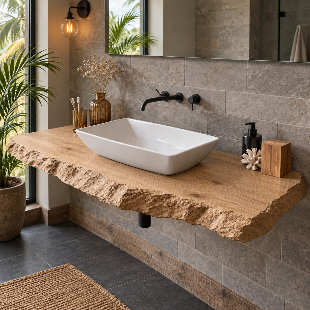 Chiseled Edge Floating Bathroom Vanity 20-71 Inch, Rough Hewn 3.5 Inch Solid Wood Wall-Mounted Top