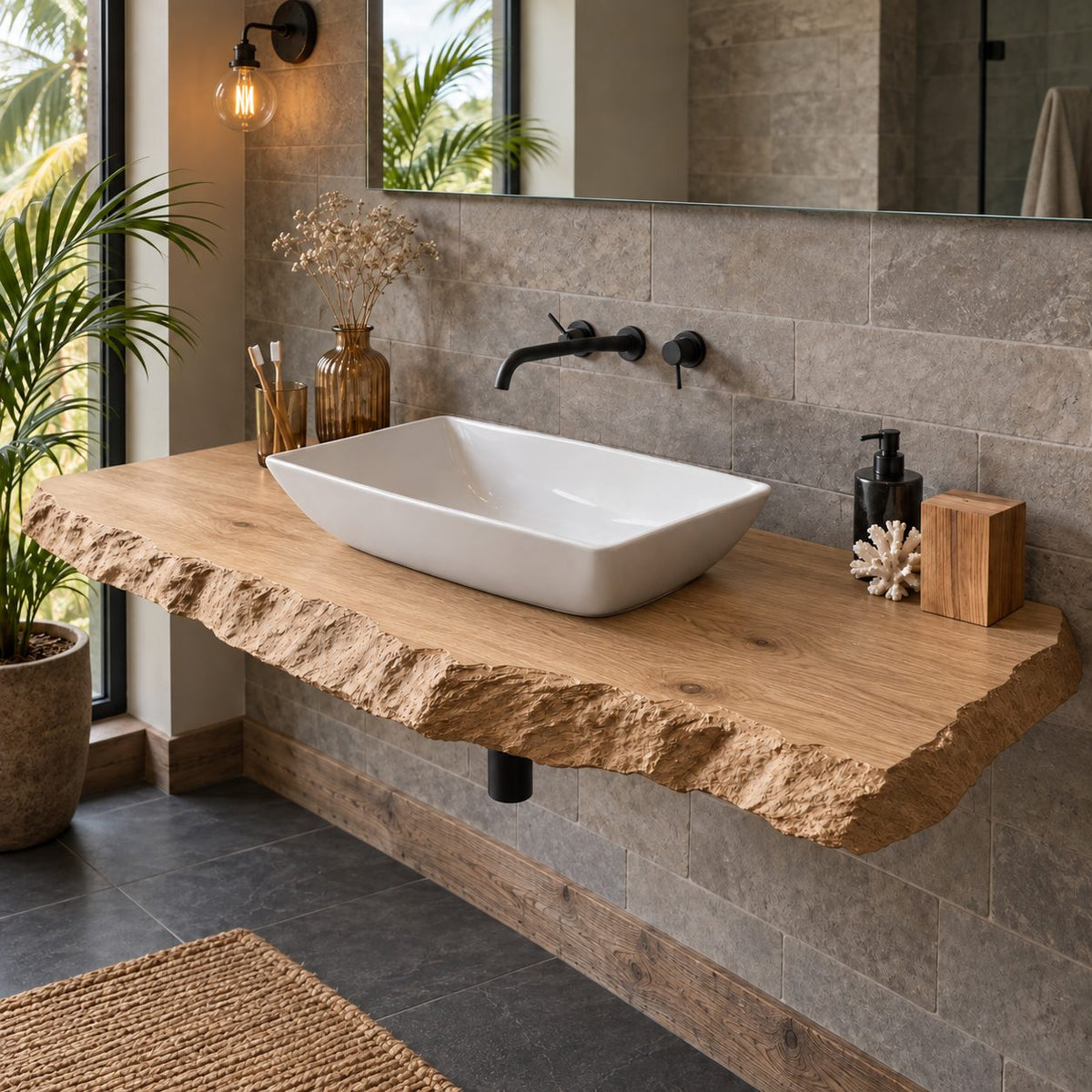 Chiseled Edge Floating Bathroom Vanity 20-71 Inch, Rough Hewn 3.5 Inch Solid Wood Wall-Mounted Top