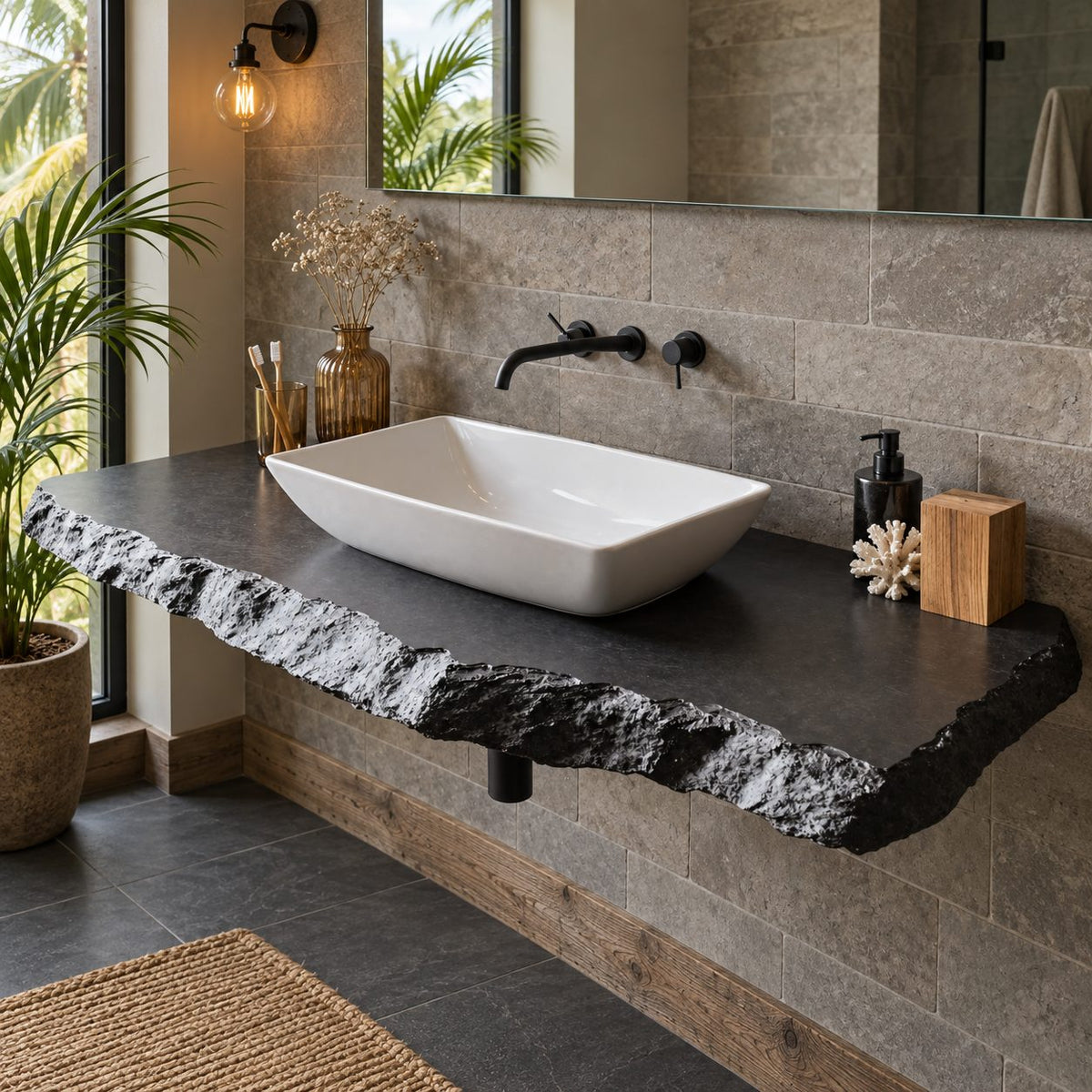 Chiseled Edge Floating Bathroom Vanity 20-71 Inch, Rough Hewn 3.5 Inch Solid Wood Wall-Mounted Top
