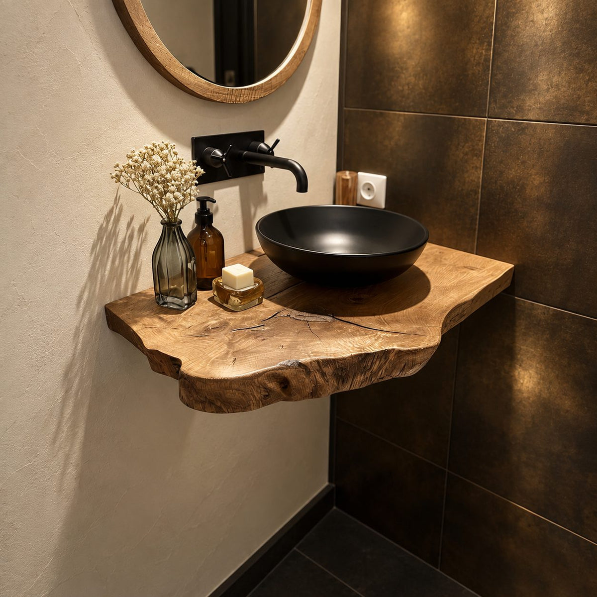 Compact Scalloped Floating Bathroom Vanity Shelf 16-48 Inch, Live Edge Solid Wood Powder Room Top