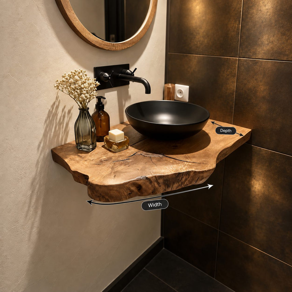 Compact Scalloped Floating Bathroom Vanity Shelf 16-48 Inch, Live Edge Solid Wood Powder Room Top