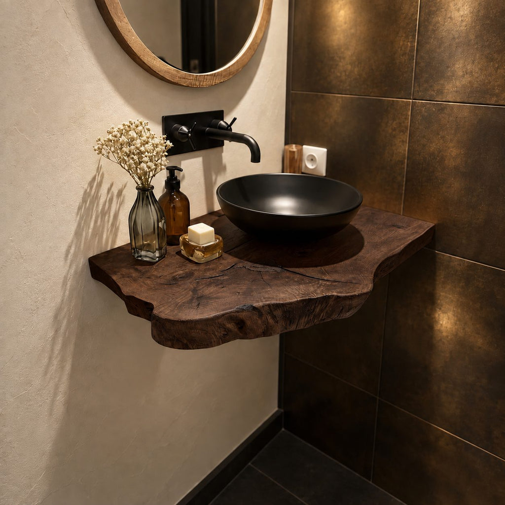 Compact Scalloped Floating Bathroom Vanity Shelf 16-48 Inch, Live Edge Solid Wood Powder Room Top