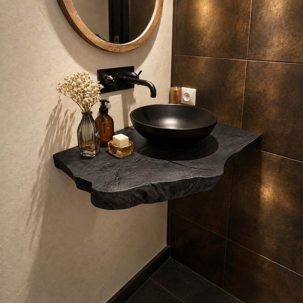 Compact Scalloped Floating Bathroom Vanity Shelf 16-48 Inch, Live Edge Solid Wood Powder Room Top