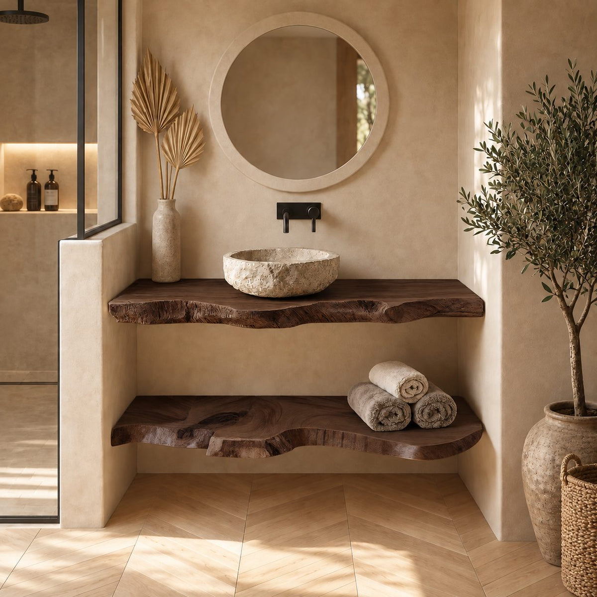 Thick Slab Floating Bathroom Vanity Shelf 16-48 Inch, Raw Live Edge Solid Wood Counter, Priced Per Slab
