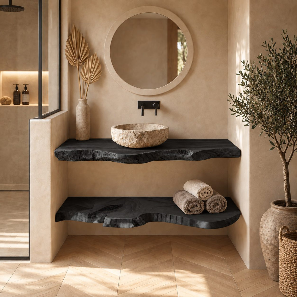 Thick Slab Floating Bathroom Vanity Shelf 16-48 Inch, Raw Live Edge Solid Wood Counter, Priced Per Slab