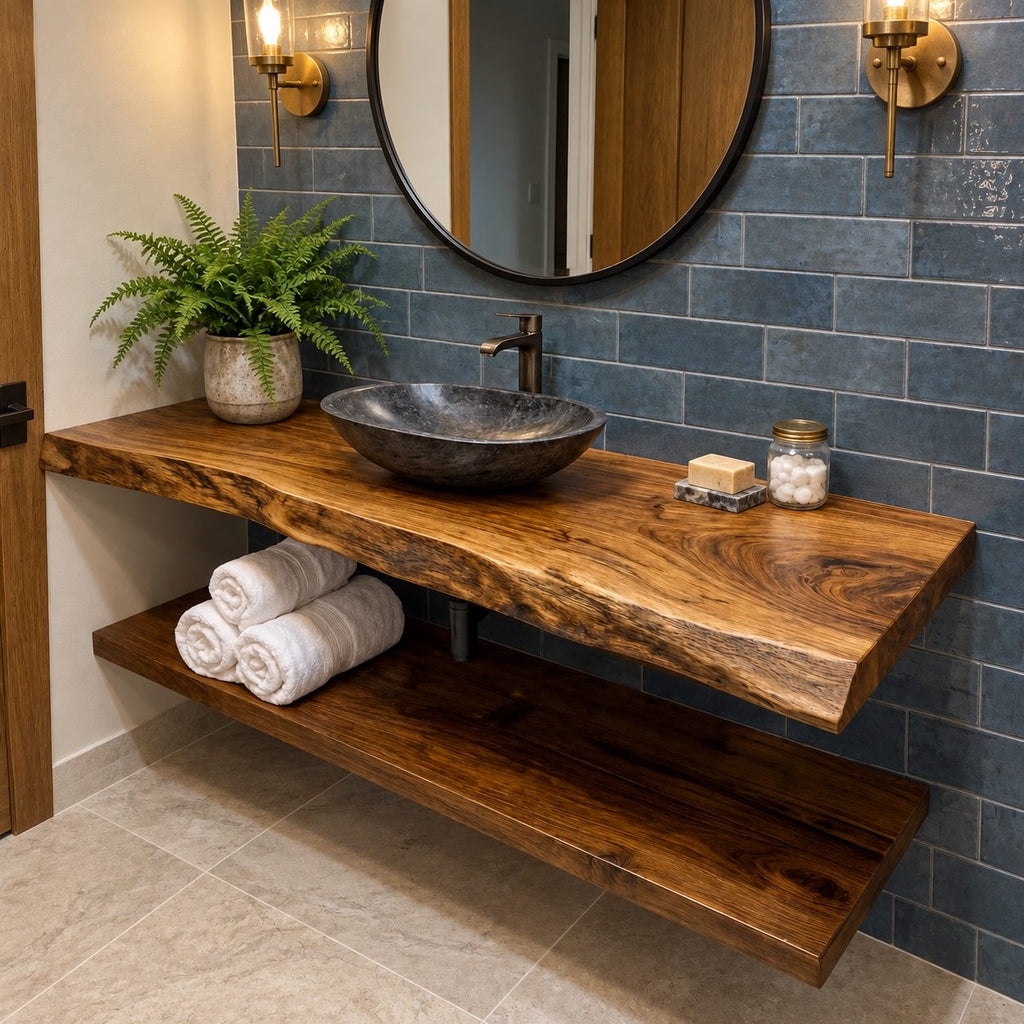 Swirl Grain Floating Bathroom Vanity Shelf 16-48 Inch, Live Edge Solid Wood Slab Counter, Priced Per Slab