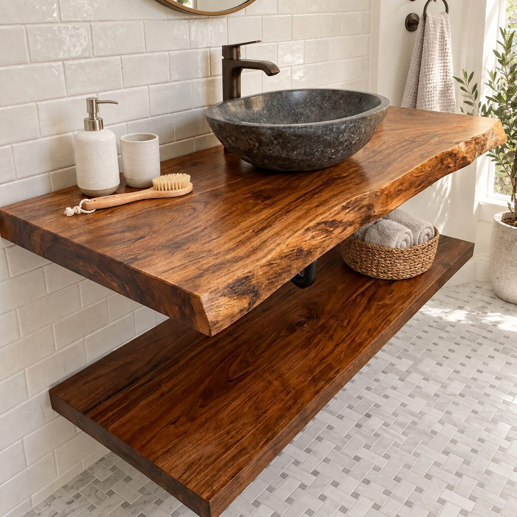 Swirl Grain Floating Bathroom Vanity Shelf 16-48 Inch, Live Edge Solid Wood Slab Counter, Priced Per Slab