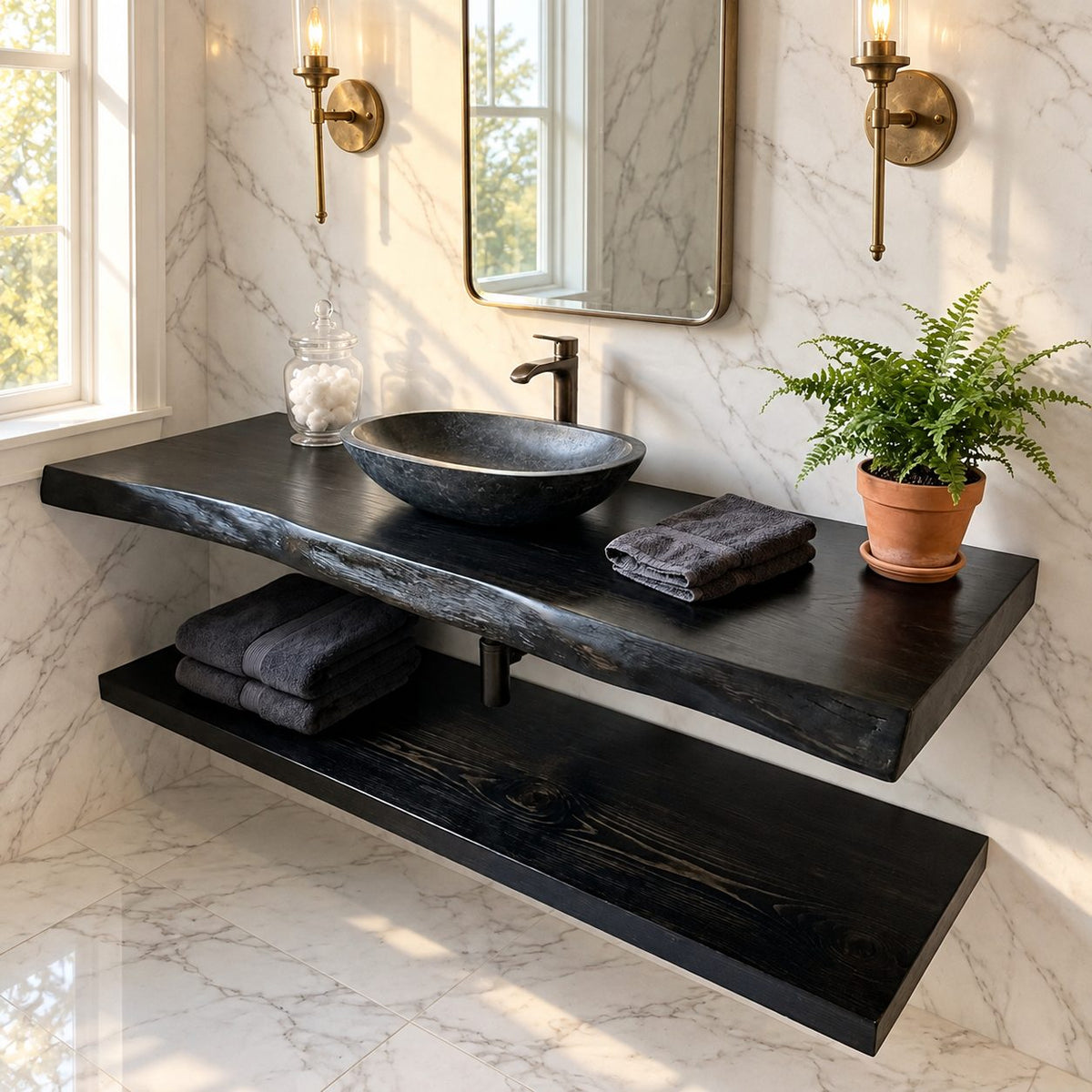 Swirl Grain Floating Bathroom Vanity Shelf 16-48 Inch, Live Edge Solid Wood Slab Counter, Priced Per Slab