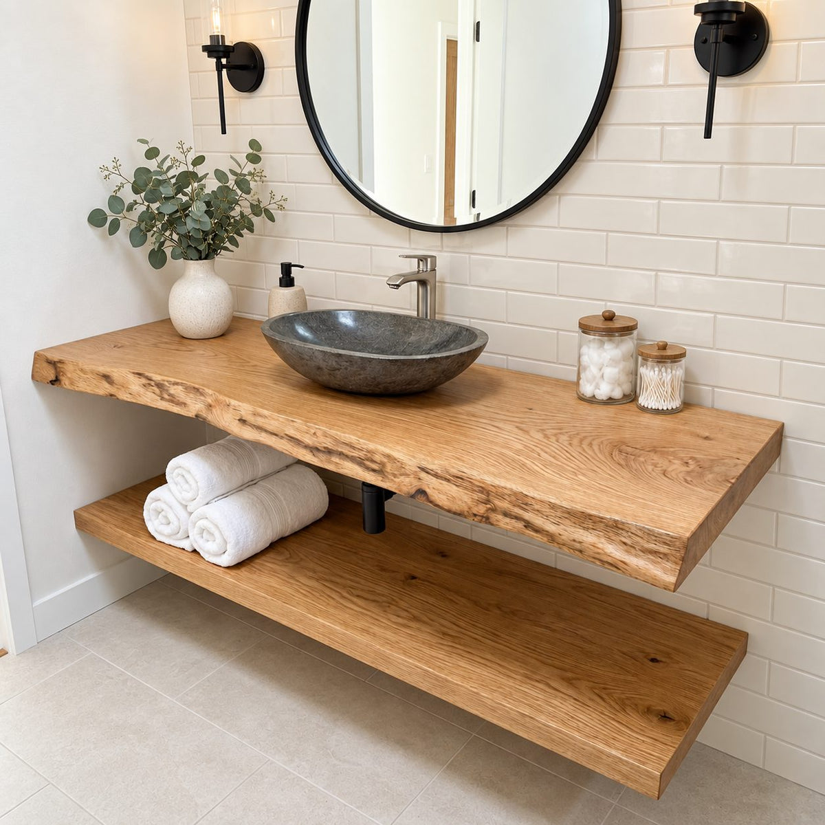 Swirl Grain Floating Bathroom Vanity Shelf 16-48 Inch, Live Edge Solid Wood Slab Counter, Priced Per Slab