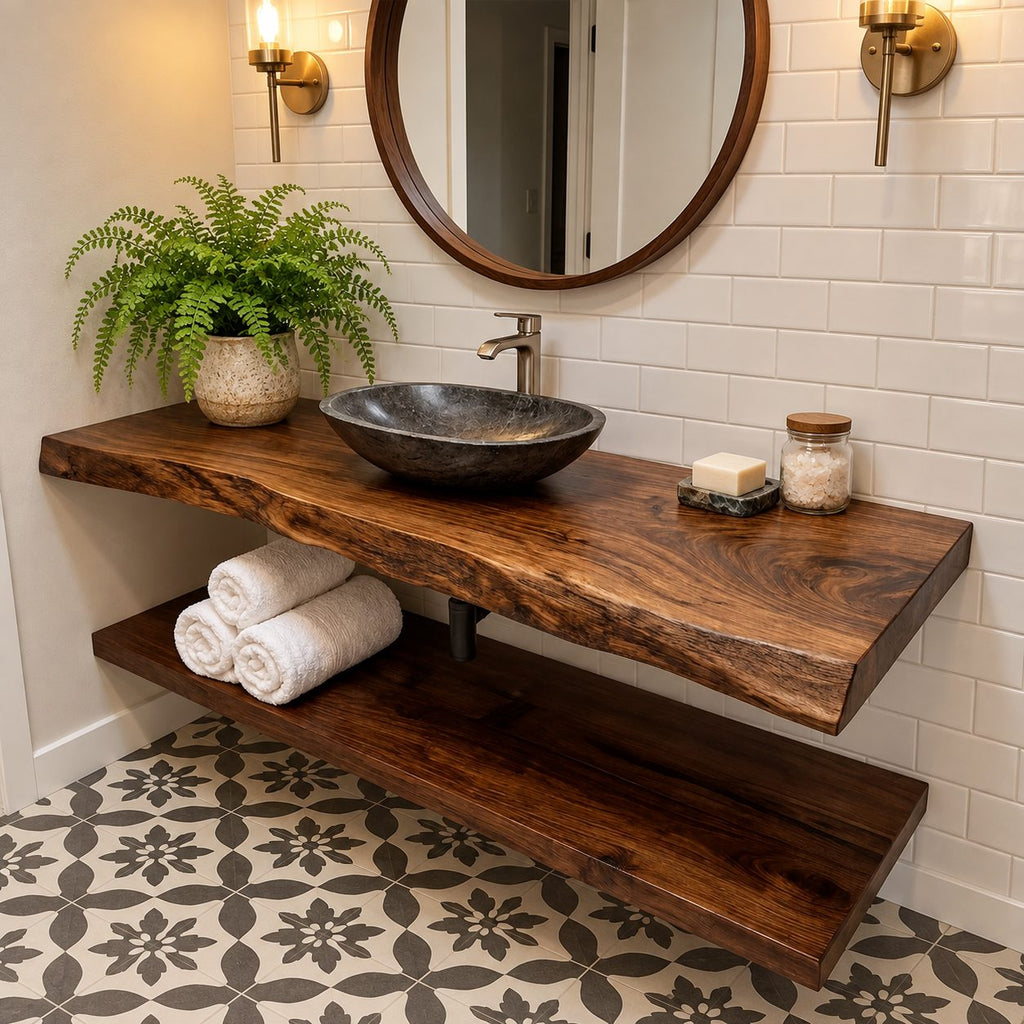 Swirl Grain Floating Bathroom Vanity Shelf 16-48 Inch, Live Edge Solid Wood Slab Counter, Priced Per Slab