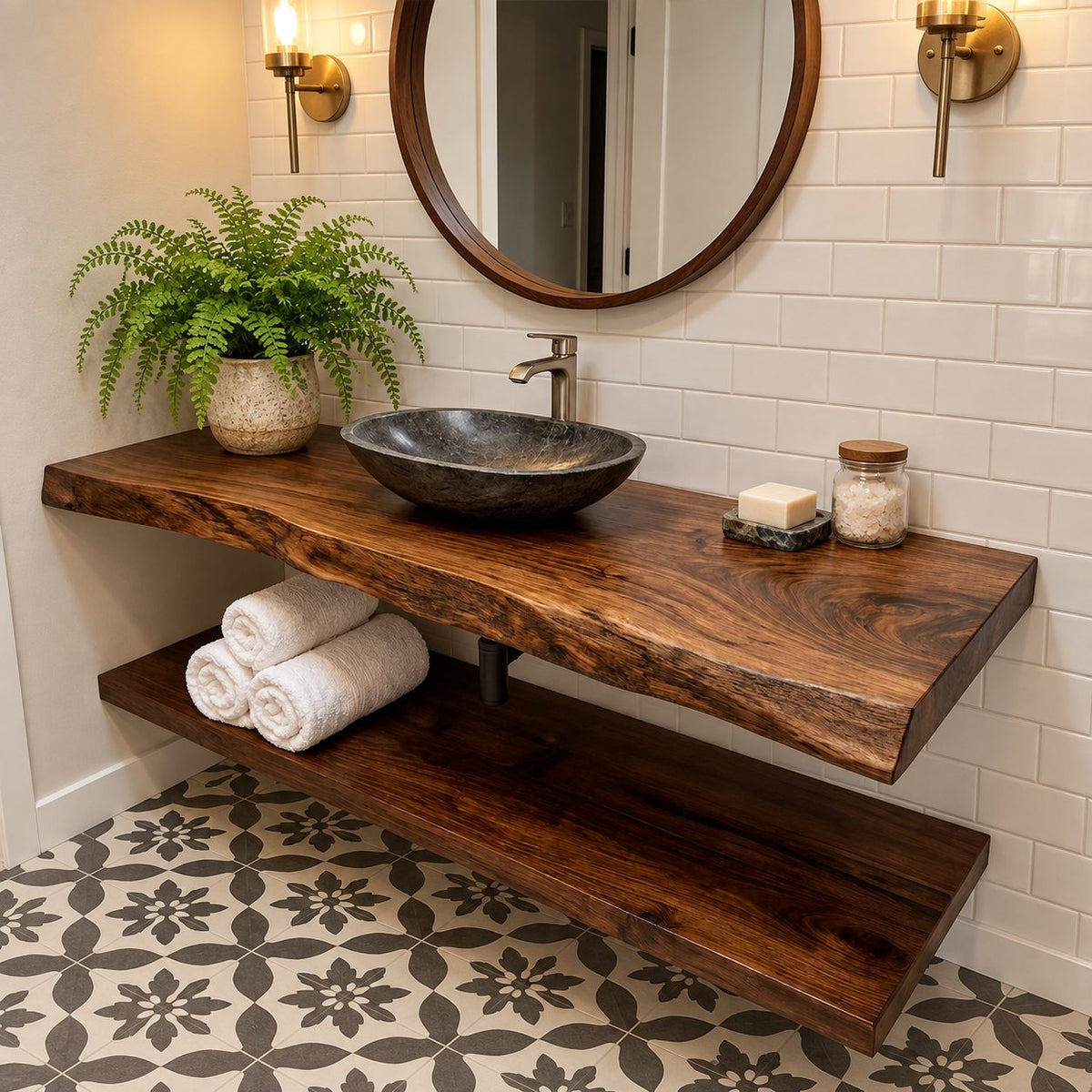Swirl Grain Floating Bathroom Vanity Shelf 16-48 Inch, Live Edge Solid Wood Slab Counter, Priced Per Slab