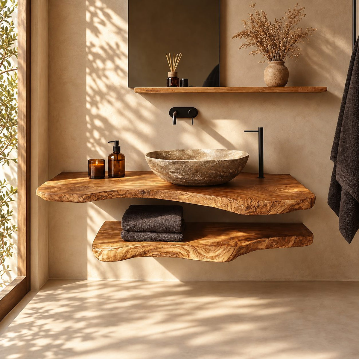 Soft Curve Floating Bathroom Vanity Shelf 16-48 Inch, Rounded Edge Solid Wood Slab, Priced Per Slab