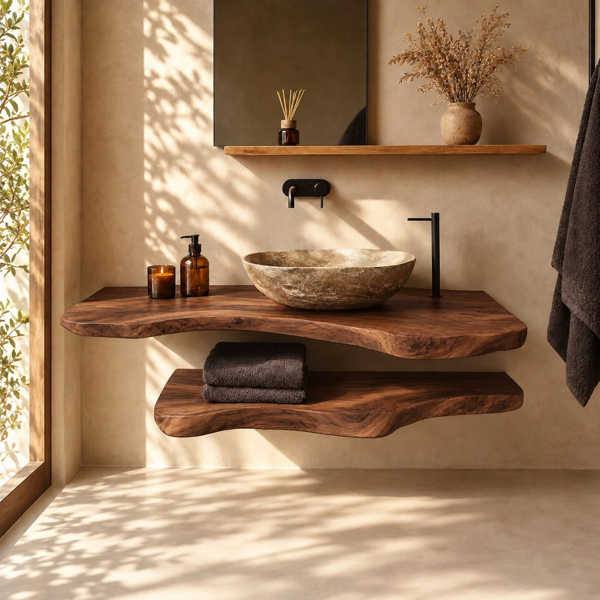 Soft Curve Floating Bathroom Vanity Shelf 16-48 Inch, Rounded Edge Solid Wood Slab, Priced Per Slab