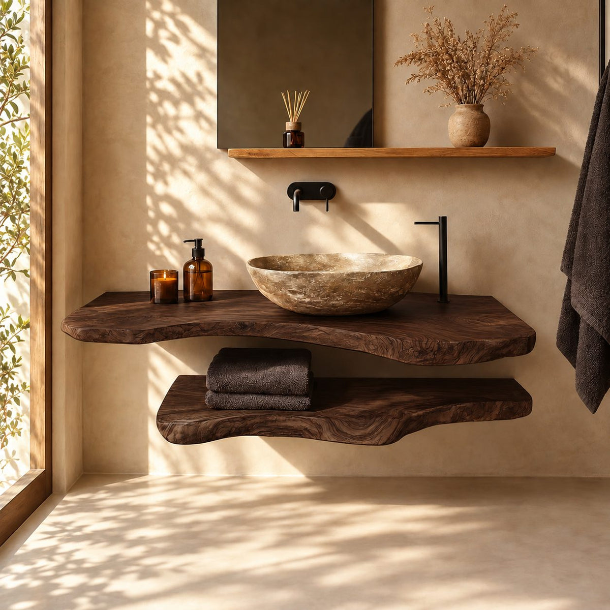 Soft Curve Floating Bathroom Vanity Shelf 16-48 Inch, Rounded Edge Solid Wood Slab, Priced Per Slab