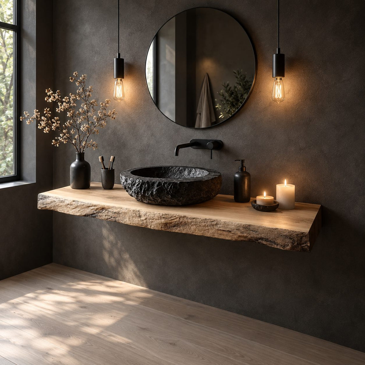 Rough Split Edge Floating Bathroom Vanity Shelf 16-48 Inch, Wall-Mounted Solid Wood Powder Room Counter