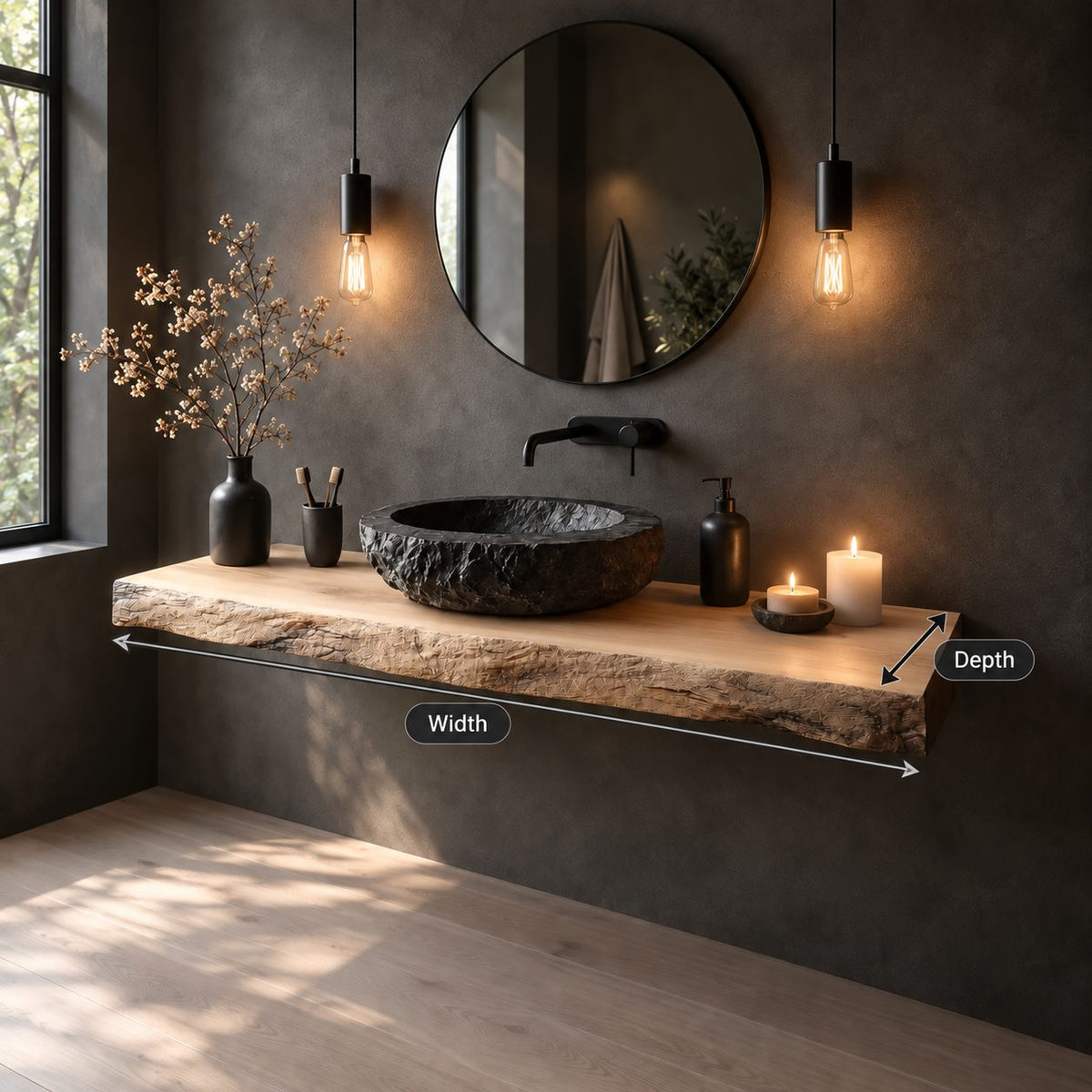 Rough Split Edge Floating Bathroom Vanity Shelf 16-48 Inch, Wall-Mounted Solid Wood Powder Room Counter