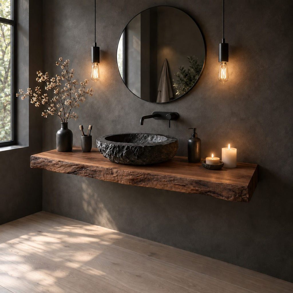 Rough Split Edge Floating Bathroom Vanity Shelf 16-48 Inch, Wall-Mounted Solid Wood Powder Room Counter