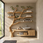 Floor Rooted Tree Bathroom Vanity 60 Inch, Floating Cabinet and Open Cubby with Six Rounded Branch Shelves
