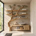 Floor Rooted Tree Bathroom Vanity 60 Inch, Floating Cabinet and Open Cubby with Six Rounded Branch Shelves
